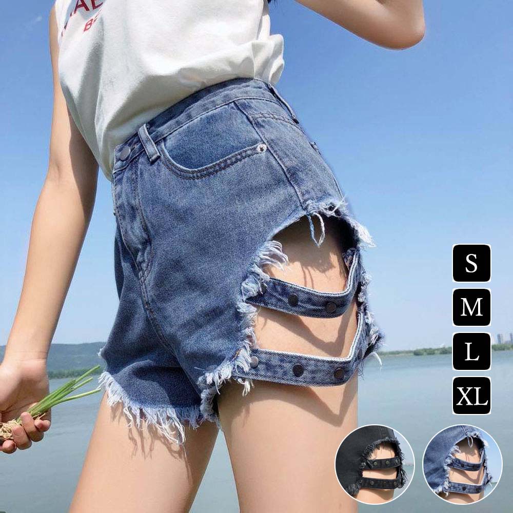 ショットパンツ レディース ダメージデニム ハイウエスト 裾フリンジ ホットパンツ 即納 アパレル 盛煌商事 株式会社 問屋 仕入れ 卸 卸売の専門 仕入れならnetsea