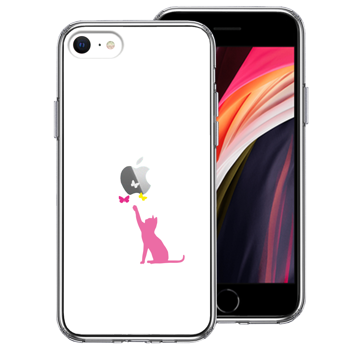 iPhoneSE(第3 第2世代) 側面ソフト 背面ハード ハイブリッド クリア ケース 猫 CAT にゃんこ 蝶々 ピンク