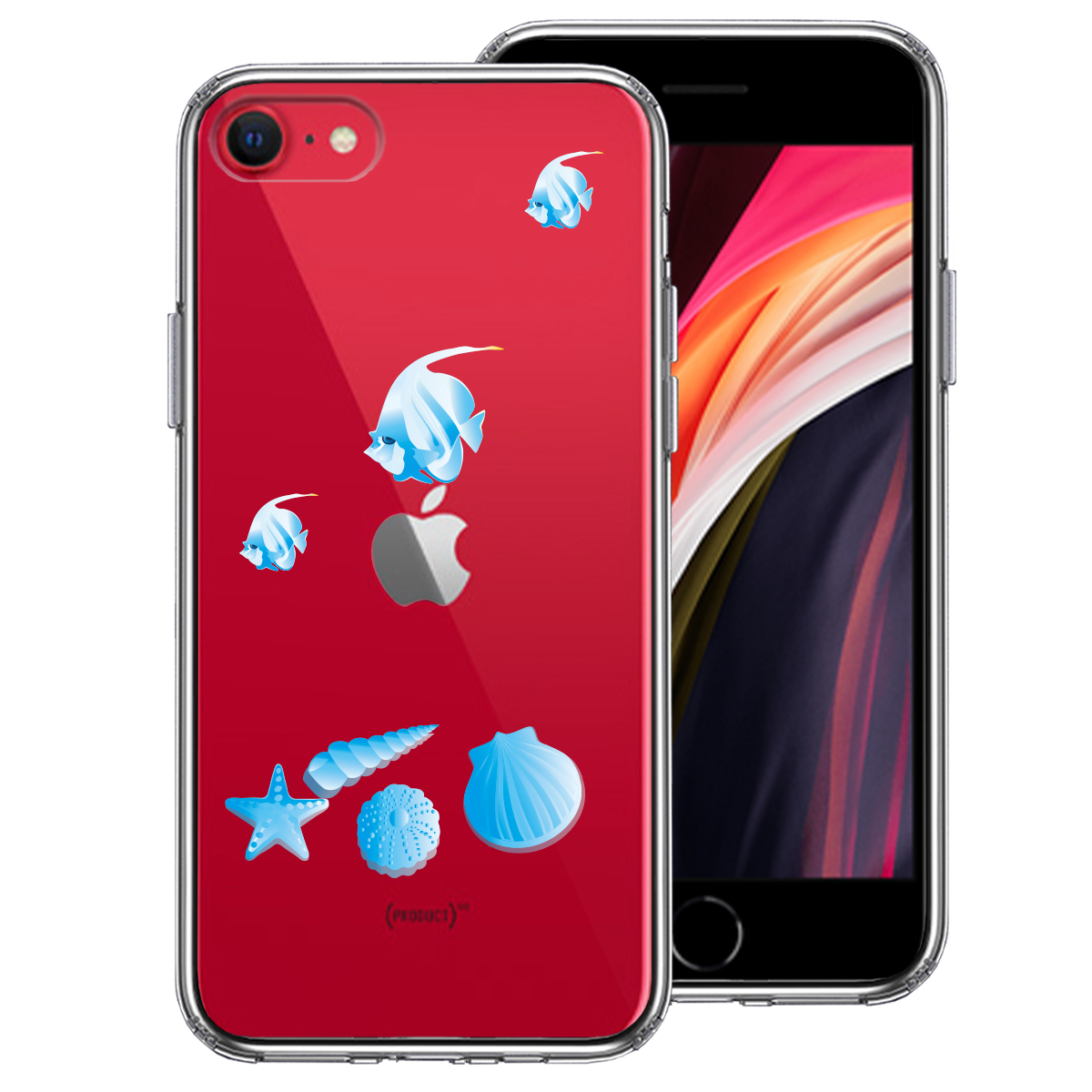iPhoneSE(第3 第2世代) 側面ソフト 背面ハード ハイブリッド クリア ケース 夏 熱帯魚 と 貝 ブルー