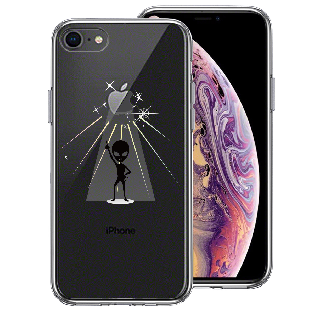 iPhone8 側面ソフト 背面ハード ハイブリッド クリア ケース 宇宙人 フィーバー ブラック