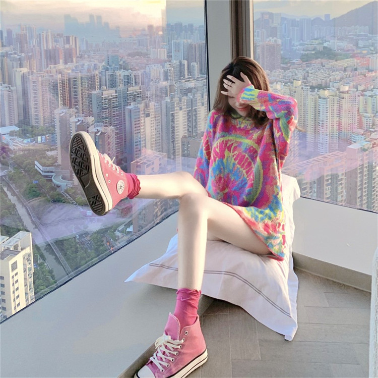 甘い女性の着こなし 韓国ファッション 中・長セクション ニット トップス  ネクタイ染め セーター