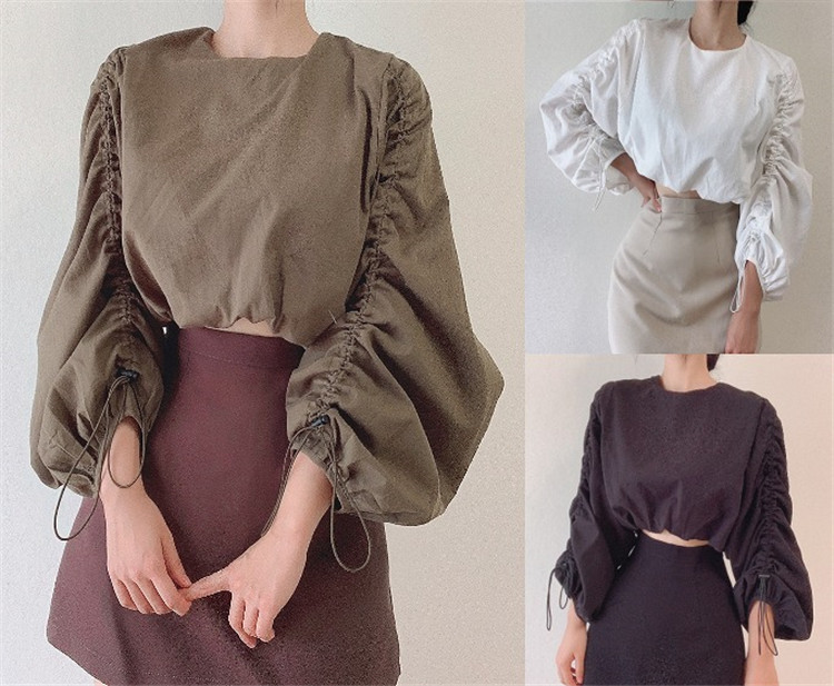 使い心地抜群 全3色 シャーリング ボリューム袖 ショット丈 切り替え シンプル 韓国ファッション 新品