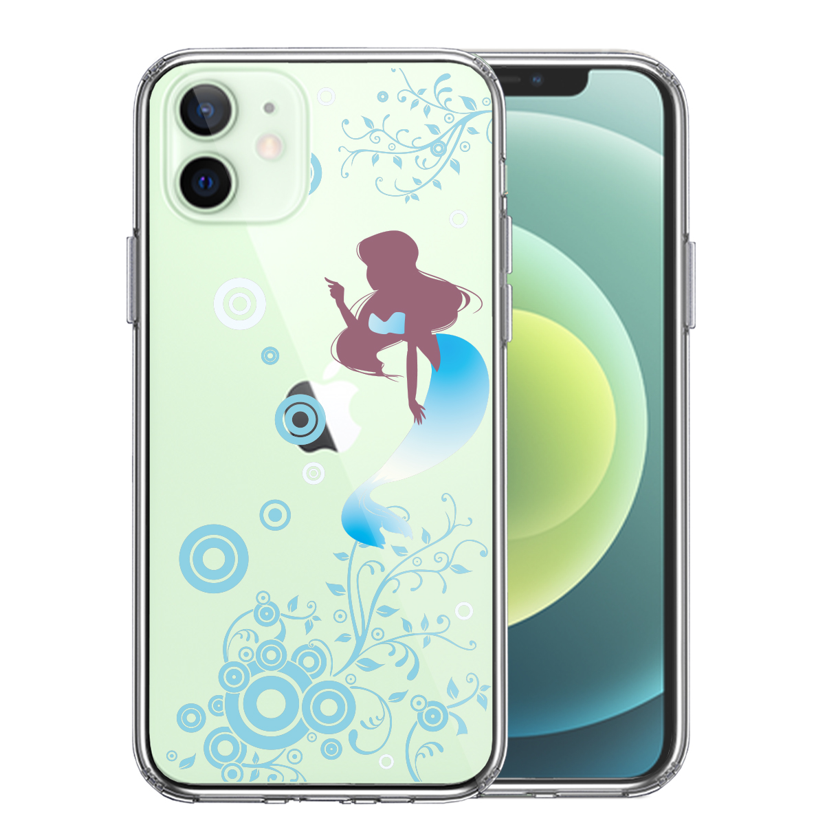 iPhone12 側面ソフト 背面ハード ハイブリッド クリア ケース マーメイド 人魚姫 ブルー