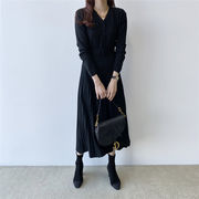 とてもファッション Ｖネック 長袖 ハイウエスト ニットワンピース 韓国版 大きい裾