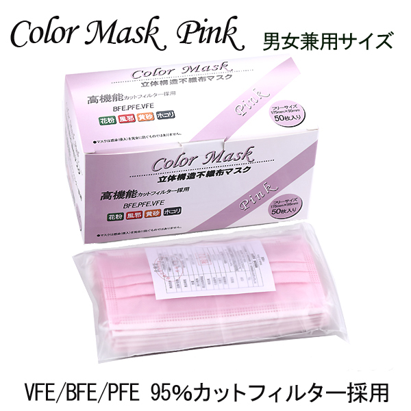 カラーマスク ピンク  レギュラーサイズ 男女兼用　１カートン(４０箱) ピンクマスク 不織布マスク