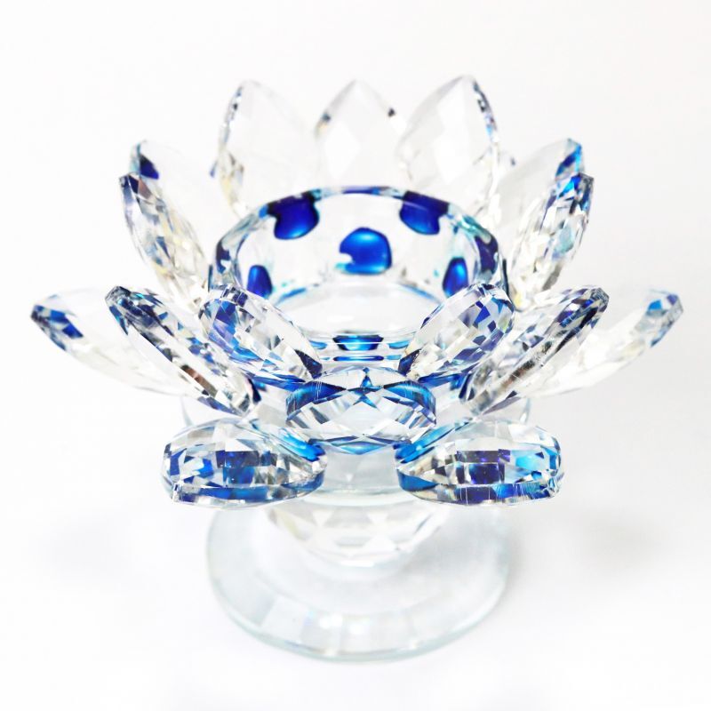 【売切セール品】クリスタルガラス　蓮花台　お皿　大サイズ　ブルーカラー　風水　置物　彫り物
