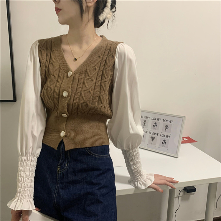 韓国ファッション 春 秋 新スタイル Vネック 長袖 縫付 ニットトップス 気質 スリム