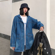 贈り物の問題を簡単に解決する 韓国ファッション フード付き カジュアル コート デニムジャケット