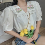 ラインを美しく演出！韓国ファッション レース オシャレ 減齢 人形の襟 刺&#32353; パフスリーブ 半袖