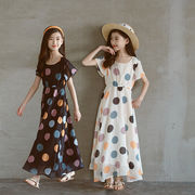 「120－170号」全2色 女の子 ドット柄 ロングワンピース 半袖 ドレス キッズ 子供服