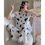 元気少女の衣装 韓国ファッション Ｖネック 単体ボタン 半袖 ロングパンツ イミテーションシルク