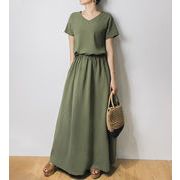 夏新作 オリジナル シンプル Vネック 半袖 ベルト ワンピース スカート レディース 韓国ファッション