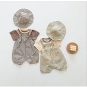 韓国  格子子供  半袖背帯パンツ含帽子3点セット男女赤ちゃんの 可愛い