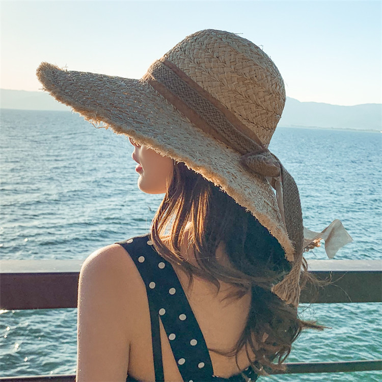 2021 麦わら帽子 ファッション 大きなつば 海辺 休暇 ビーチハット 日を遮る 日焼け止め 蝶結び 日よけ帽