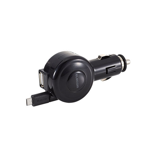 エレコム シガーチャージャー/microBリール65cm+USBポート/2.4A/ブラック