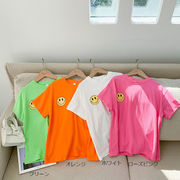 全4色「90‐130」女の子 半袖 Tシャツワンピース お笑顔プリント ラウンドネック キッズ 子供服