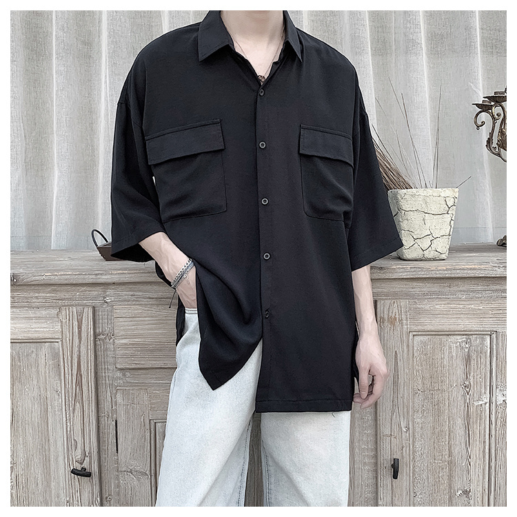 韓国ファッション 簡約 ゆったりする シニア シャツ メンズ 七分袖 単体ボタン ポケット カーゴ コート