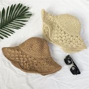手編み帽子 / つば広 折り畳める 中折れ ハット / レディース 麦わら帽子 紫外線対策 UVケア2色あり