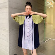 スクエアネック ロングシャツ 半袖 夏新作 フェイクレイヤード 縞模様 レディース 韓国ファッション
