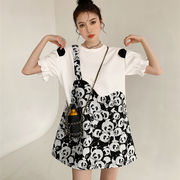 パンダ柄 半袖 ワンピース 夏新作 ラウンドネック ロングTシャツ スカート レディース 韓国ファッション