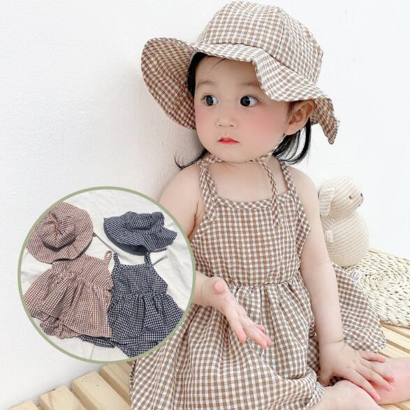 夏 ベビーロンパース+帽子 韓国風 女の子 可愛い チェック 子供服 ベビー服 オールインワン 