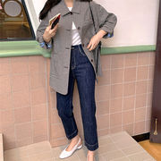 穿きやすく使いやすい 韓国 秋 新作 レトロ 格子縞 ラペル ゆったりする コート カーディガン