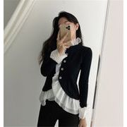 韓国ファッション セーター カーディガン コート スリム レトロ 縫付 フリル フェイク2ピース Tシャツ