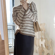 韓国ファッション ベースシャツ 女性 長袖 学院風 ニットトップス スリム 気質 ボーダー
