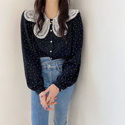 韓国ファッション sweet系 減齢 レースネック 縫付 ドット シフォン トップス ゆったりする 大人気
