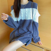 韓国ファッション 2021 秋 カラーマッチング グレー ニット 縫付 オフショルダー セーター 女性 トレンド
