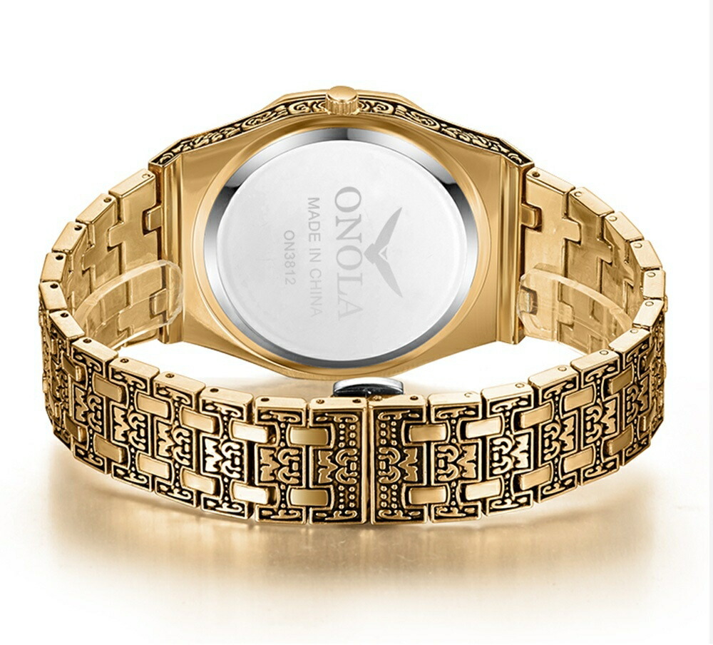 在庫限り】ONOLA 彫刻 送料無料 腕時計 アンティーク ゴールド 高級腕