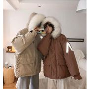 韓国ファッション秋冬 タイドブランド 反射ストリップ ゆったりする 綿の服 毛皮の襟 カップル コート