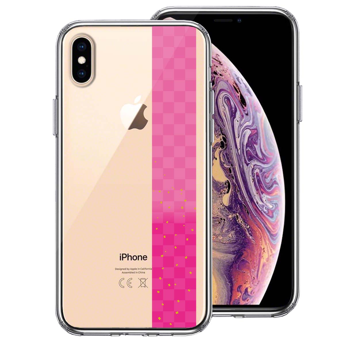 iPhoneX iPhoneXS 側面ソフト 背面ハード ハイブリッド クリア ケース 和柄 帯  市松模様 ピンク 金箔