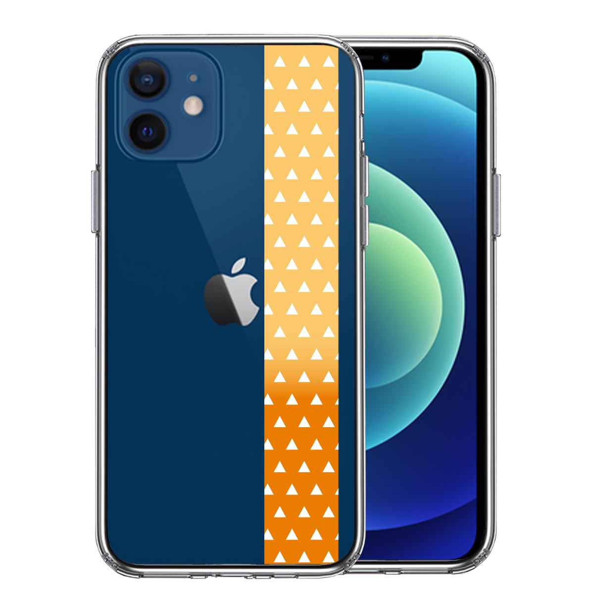 iPhone12 側面ソフト 背面ハード ハイブリッド クリア ケース 和柄 帯  鱗紋 うろこ紋 黄色 オレンジ