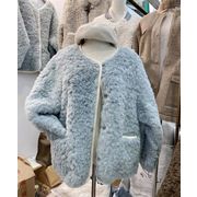 韓国ファッション 2021 冬 ゆったりする カジュアル 子羊の毛 単体ボタン ラウンドネック コート