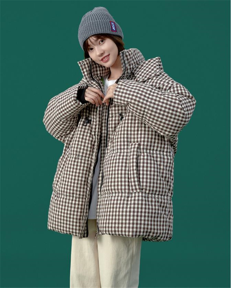 韓国ファッション 2021 冬 ゆったりする 学生 格子縞 ダウンコットン 厚手 フード付き パン服 トレンド