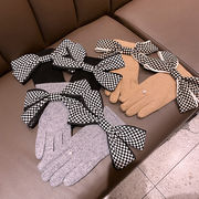 秋冬手袋　5本指　ファー　チェック柄リボン　上品　あったか　レディース　韓国ファッション