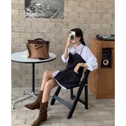 【2021INS 新作】気質 シンプル長袖 折り襟 シャツ+ブラック シングルブレスト サロペットスカート韓国系
