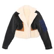 一気に大人モード デニム 縫付 裏起毛 コート コットン ジャケット ラムヘア 短いスタイル 快適である