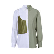個人秘蔵版 縫付 PUレザー フェイク2ピース 長袖 コントラストカラー シャツ デザインセンス