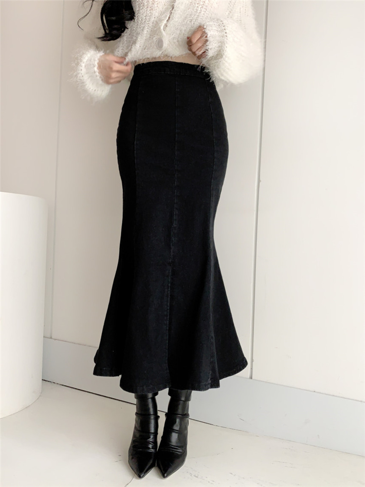 着痩せして見えます 韓国ファッション 気質 ロングスカート ハイウエスト デニム フィッシュテールスカート