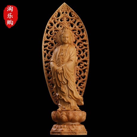 透かし背景 数珠 観音像 観音菩薩 立像 木彫り 仏像 置物 仏壇仏像  