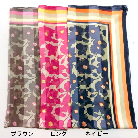 【日本製】【スカーフ】シルクサテンストライプナイトフラワーズ柄日本製四角スカーフ