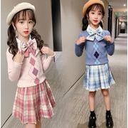 2022春新作 チェック柄 伸縮性短いスカート シンプル トップ+短いスカート かわいい 長袖 韓国子供服