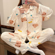 シンプルなパジャマ女性長袖ニット綿新韓国版かわいい女性パジャマセット家庭服