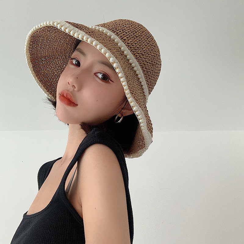 麦わら帽子　ハット　UVカット　パール　韓国ファッション　レディース