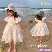 新作2022 韓国子供服 女の子 キッズ ワンピース 半袖 フリル 花柄 ドレス ボリューム袖 ホワイト 白