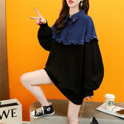 体型カバーに効く 韓国ファッション フリル バーカー 大きいサイズ 中・長セクション デニム 縫付