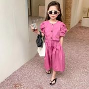新しい  夏 韓国子供服★女の子シャツ  パフスリーブ シャツ  ワイドパンツ  上下セット キッズ服  子供服