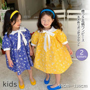 2022新作  韓国子供服 子供服 女の子 半袖 ワンピース キッズ リボン 襟つき かわいい スカート